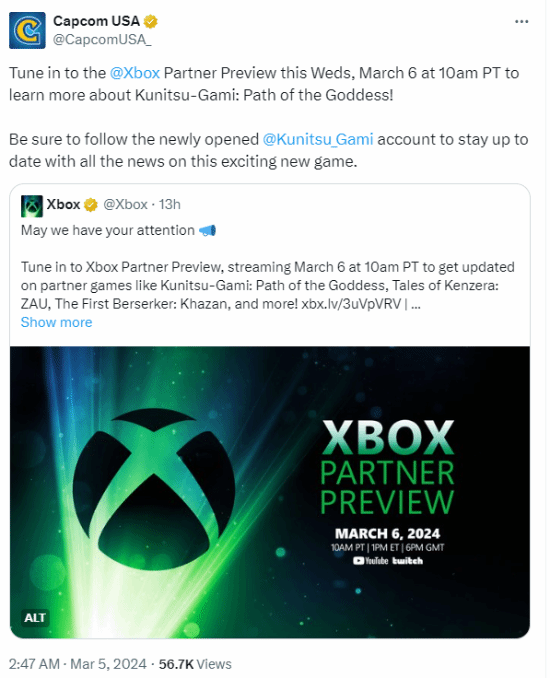 卡普空邀玩家看Xbox发布会：有《祇:女神之路》情报