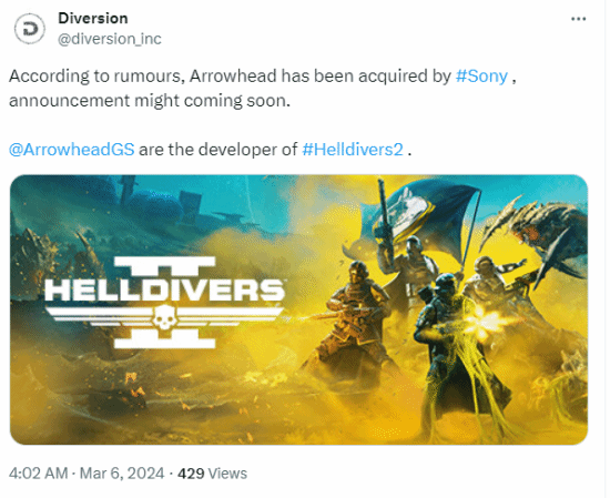 曝索尼已收购《地狱潜者2》开发商 消息很快公布